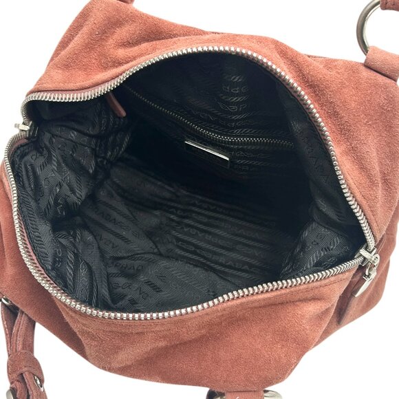 PRADA Vintage Logo Shoulder Bag Tote Red Brown Silver Handbag Suede Zip [105155] - Picture 12 of 13